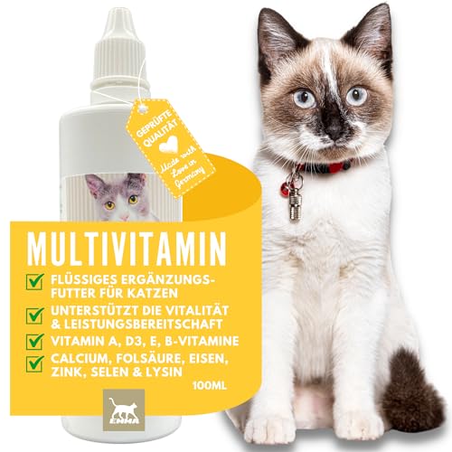 EMMA Katzen Vitamine I Multi Vitamine für Katzen 100ml I Vitamin B komplex I B Vitamine mit A Vitamin B12 D3 E & Mineralien I Folsäure Eisen & l Lysin Katze I Multivitamin komplex Immunsystem stärken von EMMA
