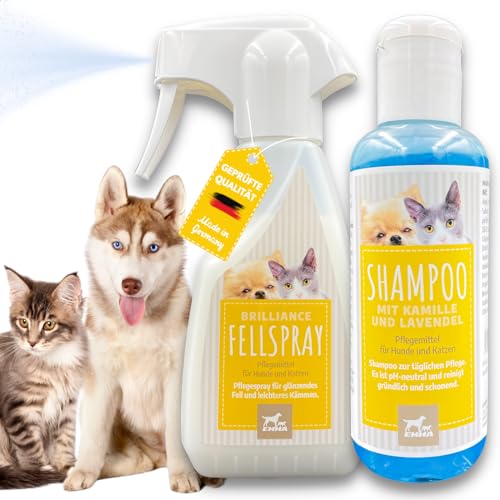 EMMA Entfilzungsspray Katze & Hunde plus Hundeshampoo Kamille 2x250ml Fellpflege Hund Katze für Langhaar zum Entfilzen I Pflegespray Katzenfell Hundefell I Entfilzer für Hunde, Fellspray Anti Tangling von EMMA