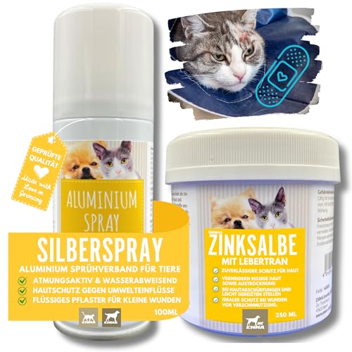 Erste Hilfe Set Katze I Silberspray + Lebertran Zinksalbe I Wundspray Salbe Wundschutz Haustier I Aluminium Spray Wundheilung, Wundsalbe Wunddesinfektion Sprühpflaster für Katzen 250 ml 100ml von EMMA