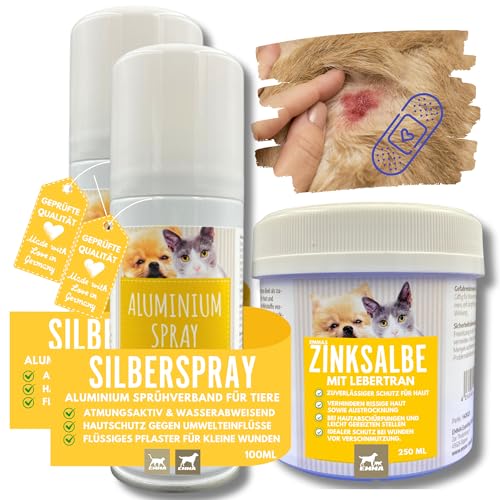 Silberspray + Lebertran Zinksalbe I Wundspray + Heilsalbe Wundschutz I Erste Hilfe Set für Katze Hund I Wundsalbe Pflege & Wunddesinfektion bei Entzündungen Wundversorgung für Katzen 250 ml 2x100ml von EMMA