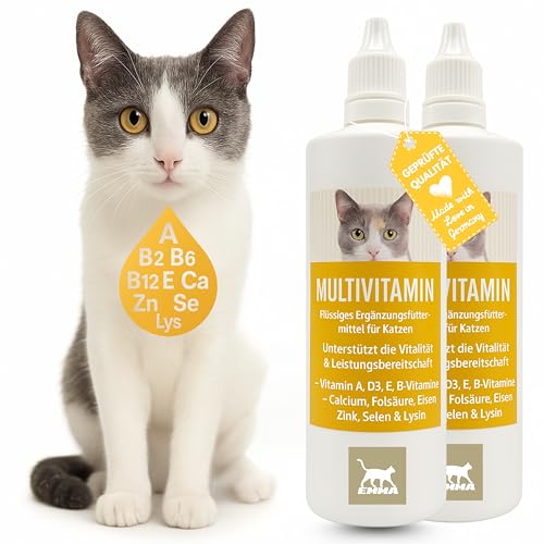 Katzen Vitamine 2x100ml I Multivitamin komplex hochdosiert für Katzen I B Vitamine mit Vitamin A B12 D E I Folsäure, Eisen, Zink, Selen, l-Lysin & Calcium I Vitalität Immunsystem stärken Katze Katzen Vitamine 2x100ml I Multivitamin komplex hochdosiert für Katzen I B Vitamine mit Vitamin A B12 D E I Folsäure, Eisen, Zink, Selen, l-Lysin & Calcium I Vitalität Immunsystem stärken Katze von EMMA