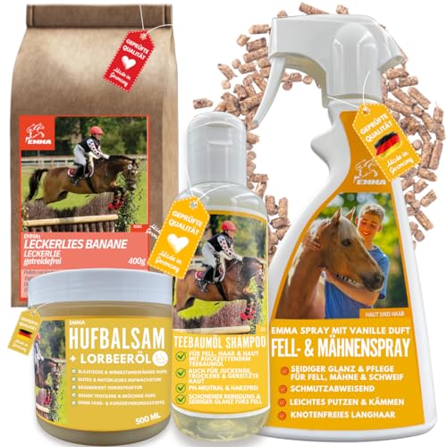 Mähnenspray Schweifspray Für Pferde I Pferde Shampoo I Huffett Pferde I Pferde Leckerlies I Tolles Pferdepflege Set Kinder + Leckerli Pferd 4 Teile I Putzzeug Pferdepflege I Inhalt Putzbox Pferde von EMMA