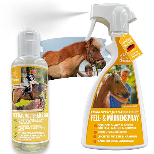 Mähnenspray für Pferde + Pferdeshampoo mit Teebaumöl 250ml+500ml Fellpflege Glanzspray & Kämmbarkeit Fell Mähne Schweif I Schweifspray für Pferde Fellspray Pferdepflege Set Pferdezubehör echte Pferde von EMMA