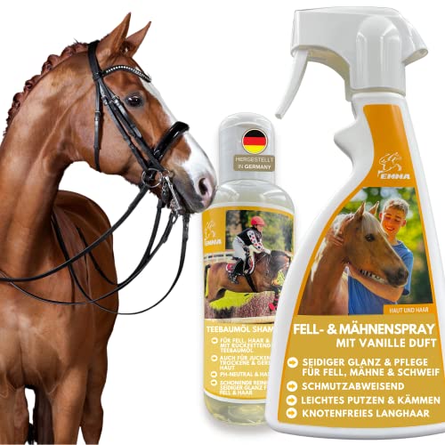 Mähnenspray Pferd & Pferde Teebaumöl Shampoo Pferdepflege-Set 0,25 0,5l I Pferdeshampoo Schweifspray für Pferde Mädchen Geschenk I Hundeshampoo gegen Geruch für irritierte Haut I Fellpflege Hund Pferd von EMMA
