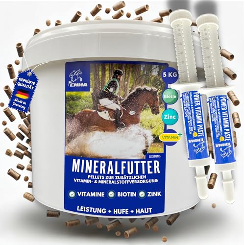 EMMA Mineralfutter Pferde Pellets + Vitaminaste – Plus Biotin Pferd + Zink Pferd - Selen Bierhefe Pferd - Pferdefutter Mit Mineral Magnesium Pferd Vitamin b komplex Fellwechsel Huf Haut Haar 5Kg2x30ml von EMMA