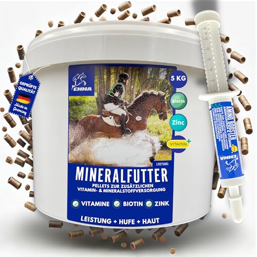 EMMA Mineralfutter Pferd mit Amino Paste I Biotin Pferde Zink Pferd I Selen Vitaminen D A C K Vitamin B12 Mineralien Pferde I Pferdefutter Huf I Mineralstoffe komplex Biotin Zink Pellets 5 Kg 30ml von EMMA