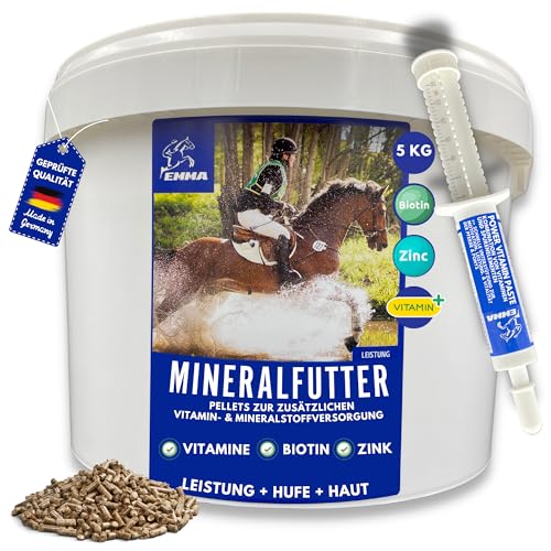 Mineralfutter Pferde + Vitamin b Pferd • Biotin Zink Selen Bierhefe Pferd • Pferdefutter mit Mangan Magnesium Pferd + Vitaminpaste Vitamin b komplex Fell Fellwechsel Huf Haut Haar 5Kg 30ml von EMMA