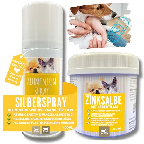 Erste Hilfe Set Hunde Wundspray Hund - Silberspray Hund & Lebertran Zinksalbe I Wundspray Katze - Lebertran-Zinksalbe bei Wunder Haut mit Zink für Tiere I Zinksalbe Wundsalbe Katze Juckreiz 0,2 0,25l von EMMA