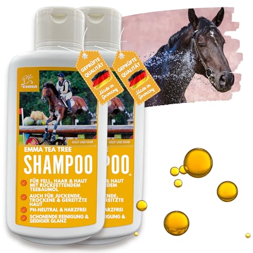 Tea Tree Shampoo für Hunde Pferde I Hundeshampoo Pferdeshampoo mit Teebaumöl mildes Pferde Shampoo ph neutral Pferdepflege Set gegen Juckreiz Geruch für irritierte Haut I Fellpflege & Fellglanz 2x0,5 von EMMA