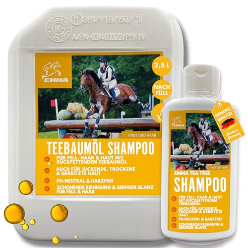 Tea Tree Shampoo Pferdeshampoo mit Tea Tree Oil 0,5 2,5l I Anti Schuppen Shampoo ph neutral I Teebaumöl Shampoo glänzendes Fell Hundeshampoo gegen Juckreiz für trockene irritierte Haut I Katzenshampoo von EMMA
