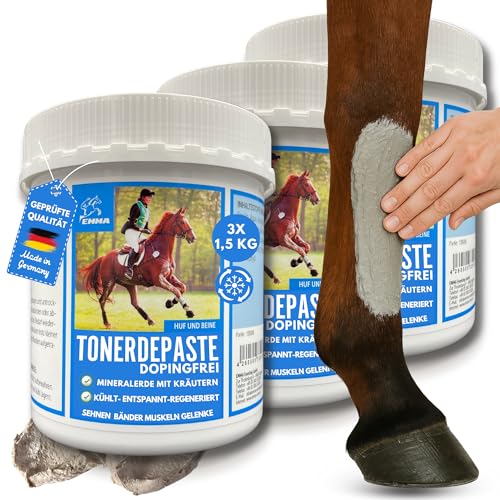 EMMA essigsaure Tonerde Pferde ⇒ Tonerde Pferd Dopingfrei 3x1,5Kg - Pferdebalsam Kühlend - Tonerdepaste Mineralerde Heilerde Paste - Kühlgel Pferd - Kühlpaste Creme Salbe Sehnen Bänder Gelenke Pferd von EMMA