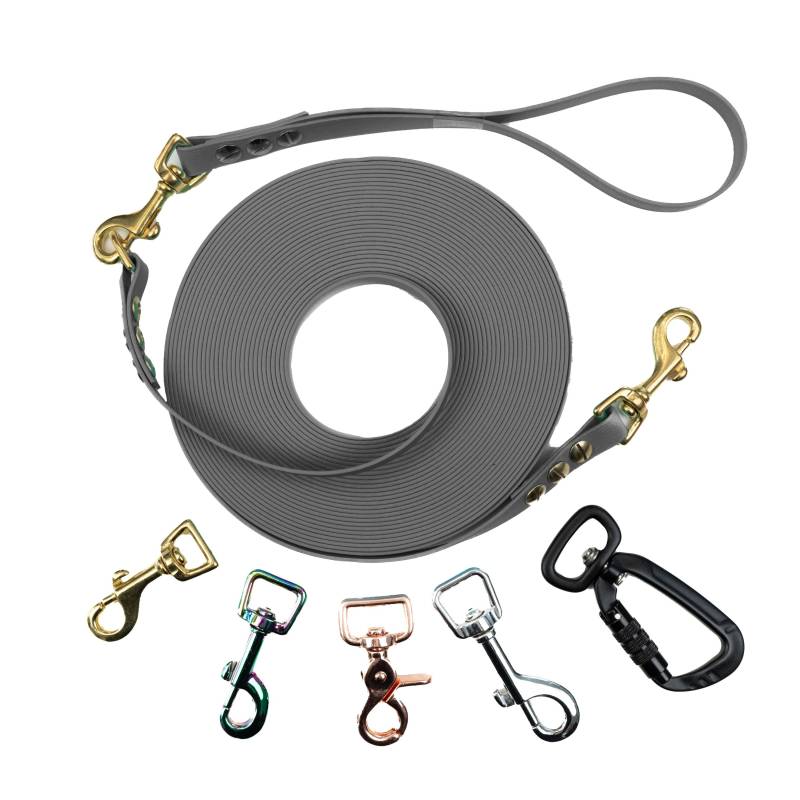 Schleppleine Superflex Grau - Hunde bis 15kg 10m-Bolzenkarabiner Rose-abnehmbare Handschlaufe Schleppleine Superflex Grau - Hunde bis 15kg 10m-Bolzenkarabiner Rose-abnehmbare Handschlaufe von EMMY&PEPE