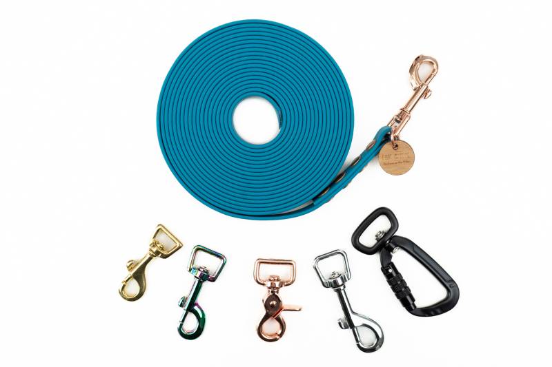 Schleppleine Superflex Petrol - Hunde bis 15kg 10m-Bolzenkarabiner Gold-abnehmbare Handschlaufe von EMMY&PEPE