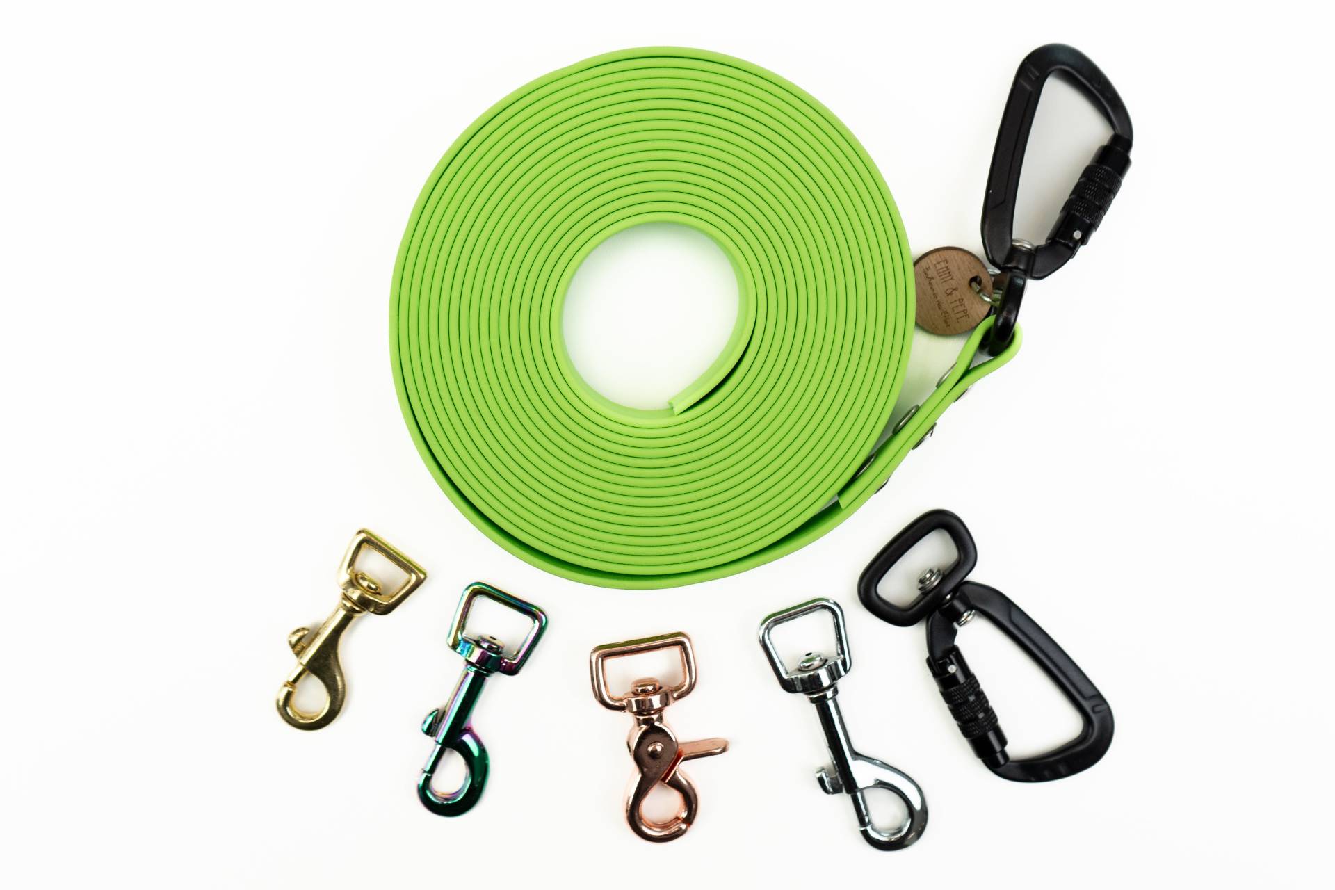 Superflex Schleppleine Limette - Hunde bis 15kg 10m-Bolzenkarabiner Rose-abnehmbare Handschlaufe von EMMY&PEPE
