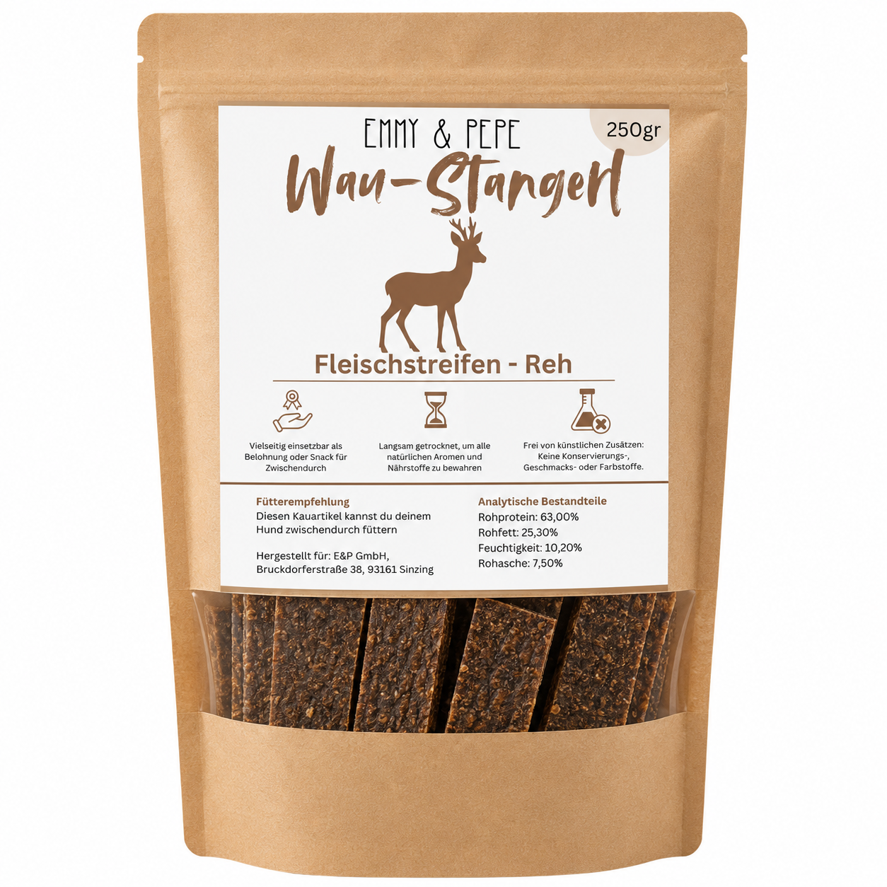Wau-Stangerl Rehfleisch-Streifen 250 Gramm Wau-Stangerl Rehfleisch-Streifen 250 Gramm von EMMY&PEPE