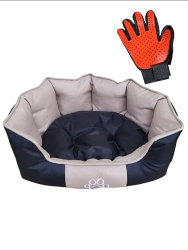 EMPOTEC Hunde- und Katzenbett aus Oxford, bunt, weich, mit zweifarbigem Kissen, doppelseitig, waschbar, mit rutschfester Unterseite, 50 x 39 x 18 cm, kleine Größe, gratis Pflegehandschuh (schwarz) von EMPOTEC