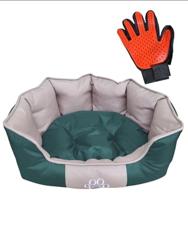 Hunde- und Katzenbett aus Oxford, bunt, weich, mit zweifarbigem Kissen, doppelseitig, waschbar, mit rutschfester Unterseite, 50 x 39 x 18 cm, kleine Größe, gratis Pflegehandschuh (grün) von EMPOTEC