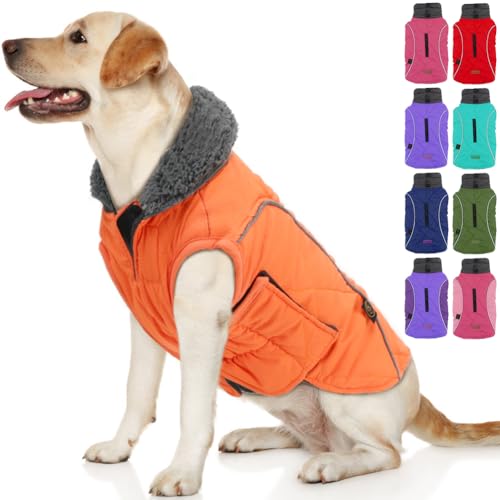 EMUST Dog Winter Coats, Windproof Dog Jackets for Cold Weather with Lofty Collar, Reflective Puppy Clothes for Small Dog Clothes for Dogs, Orange, S von EMUST