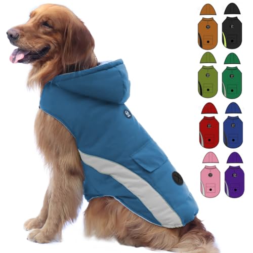 EMUST Dog Winter Jackets, Windproof Winter Dog Coats with Hood, Large Dog Jackets for Winter, Thick Dog Fleece Coat with Pocket for Extra Large Dogs, XL/Light Blue von EMUST