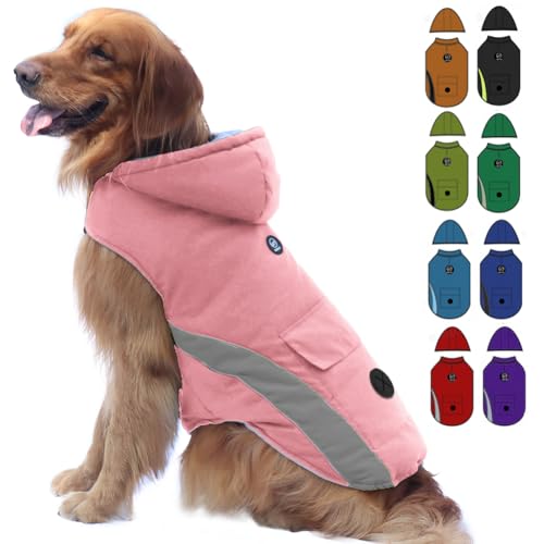 EMUST Dog Winter Jackets, Windproof Winter Dog Coats with Hood, Large Dog Jackets for Winter, Thick Dog Fleece Coat with Pocket for Extra Large Dogs, XL/Pink von EMUST