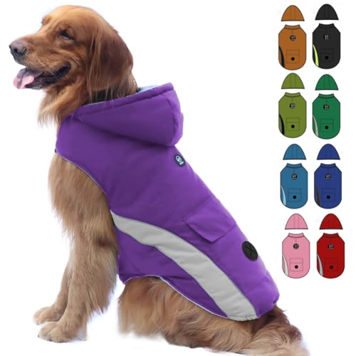 EMUST Dog Winter Jackets, Windproof Winter Dog Coats with Hood, Large Dog Jackets for Winter, Thick Dog Fleece Coat with Pocket for Extra Large Dogs, XL/Purple von EMUST