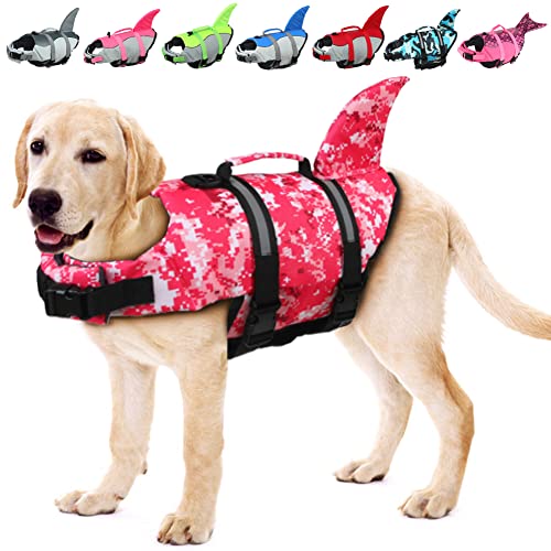 EMUST Große Rettungsweste für Hunde, Schwimmweste für Kleine/Mittlere/Große Hunde Mit Rettungsgriff, Verstellbare Schwimmhilfe für Wasser am Pool (XL, Rosa Tarnung) von EMUST