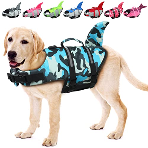 EMUST Hunde Schwimmweste, verstellbare kleine/mittelgroße/große Hundeschwimmweste für Wassersicherheit Haustier Schwimmweste mit Rettungsgriff Sicherheitsweste für Schwimmbad Strand,Blaue Tarnung von EMUST