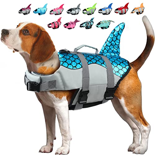 EMUST Hundeschwimmweste Hai, Hundeschwimmwesten für kleine, mittelgroße, große Hunde mit Rettungsgriff Hund Schwimmweste Sicherheit Lebensretter für Schwimmbad Strand Bootfahren, (S,Blau) von EMUST