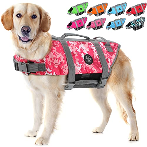 EMUST Hundeschwimmwesten, reflektierend, verstellbar, mit verbessertem Auftrieb und Rettungsgriff zum Schwimmen, neu Pink Camouflage, L von EMUST