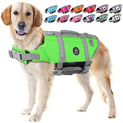 EMUST Hundeschwimmwesten reflektierend & verstellbar Schutzweste mit verbessertem Auftrieb & Rettungsgriff zum Schwimmen, 2XL, neu Grün von EMUST