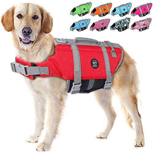 EMUST Hundeschwimmwesten reflektierend & verstellbar Schutzweste mit verbessertem Auftrieb & Rettungsgriff zum Schwimmen, neu Rot, XL von EMUST