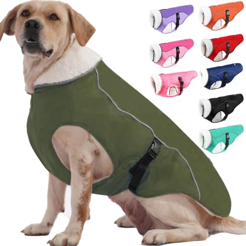 EMUST Kälteschutzmantel für Hunde Mit Fleecefutter, Wasserabweisende Warme Winterjacke für Kleine/Mittlere/Große Hunde, Grün, XL von EMUST
