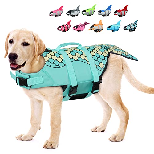 EMUST Hunde Schwimmweste, verstellbare kleine/mittelgroße/große Hundeschwimmweste für Wassersicherheit Haustier Schwimmweste mit Rettungsgriff Sicherheitsweste für Schwimmbad, Grüne Meerjungfrau von EMUST