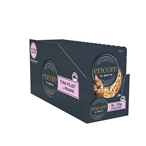 Encore 100% natürliches Premium Nassfutter für Katzen, Thunfischfilet mit Garnele in Brühe für erwachsene Katzen - Packung mit 16 x 70g Beuteln von ENCORE
