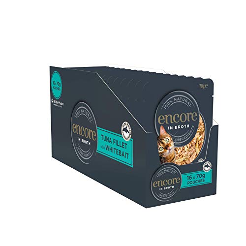 Encore 100% natürliches Premium Nassfutter für Katzen, Thunfischfilet mit Sardelle in Brühe für erwachsene Katzen - Packung mit 16 x 70g Beuteln von ENCORE