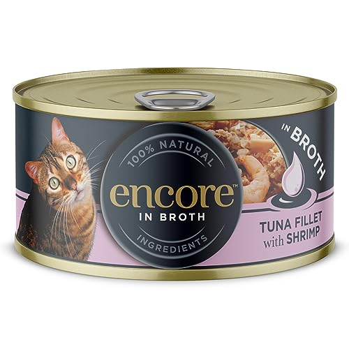 Encore 100% natürliches Premium Nassfutter für Katzen, Thunfischfilet mit Shrimps in Brühe für erwachsene Katzen - Packung mit 16 x 70g Dosen von ENCORE