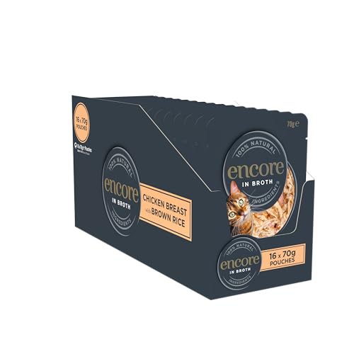 Encore 100% natürliches Premium Nassfutter für Katzen, Hühnchenbrust mit Vollkornreis in Brühe für erwachsene Katzen - Packung mit 16 x 70g Beuteln von ENCORE
