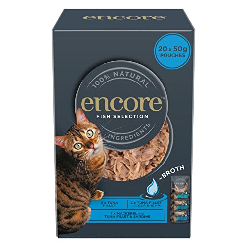Encore 100% natürliches Premium Nassfutter für Katzen, Fisch Auswahl Multipack in Brühe für erwachsene Katzen - Packung mit 4 x (5 x 50g) Beuteln von ENCORE