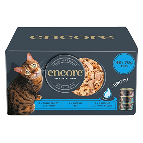 Encore Nassfutter für Katzen, 100 % natürlich, Fischauswahl in Brühe 4 x 12 x 70 g (insgesamt 48 Dosen) von ENCORE