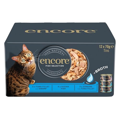 Encore Nassfutter für Katzen, 100 % natürlich, Fischauswahl in Brühe 4 x 12 x 70 g (insgesamt 48 Dosen) von ENCORE