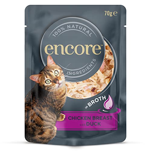Encore Nassfutter für Katzen - Packung mit 16 Dosen à 70 g Huhn mit Ente in Brühe von ENCORE