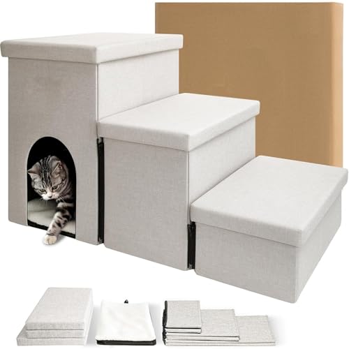 ENEN Faltbare Hundetreppe für Kleine Hunde, Haustiertreppe für Kleine Hunde & Katzen mit Stauraum Katzentreppe 3 Stufen für Bett und Sofa Couch, Auto (Beige,84 * 43 * 45cm) von ENEN