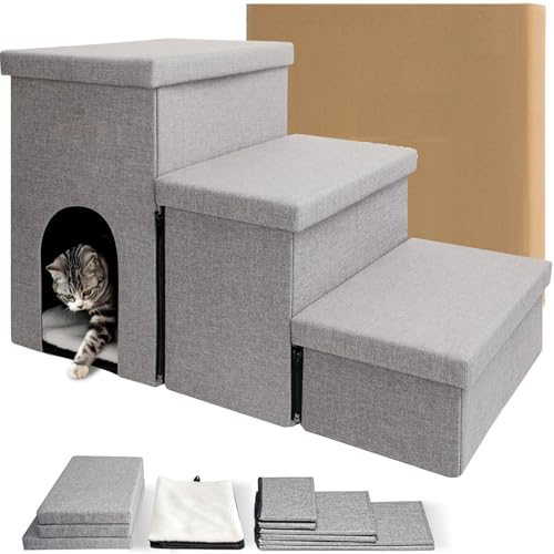 ENEN Faltbare Hundetreppe für Kleine Hunde, Haustiertreppe für Kleine Hunde & Katzen mit Stauraum Katzentreppe 3 Stufen für Bett und Sofa Couch, Auto (Grau,84 * 43 * 45cm) von ENEN