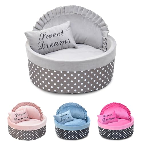 ENGEL WEMANG Hundebett mit Punkten, Schwammfüllung und fleecebezogen – warmes Katzenbett mit Kissen, weich und wärmend (Grau, φ 50cm Gewicht unter 7,5 kg L) von ENGEL WEMANG