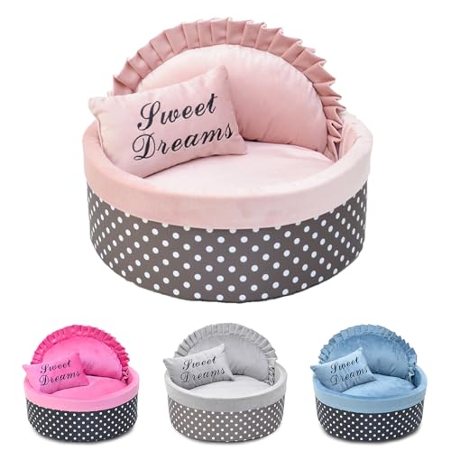 ENGEL WEMANG Hundebett mit Punkten, Schwammfüllung und fleecebezogen – warmes Katzenbett mit Kissen, weich und wärmend (Rosa, φ 50cm Gewicht unter 7,5 kg L) von ENGEL WEMANG