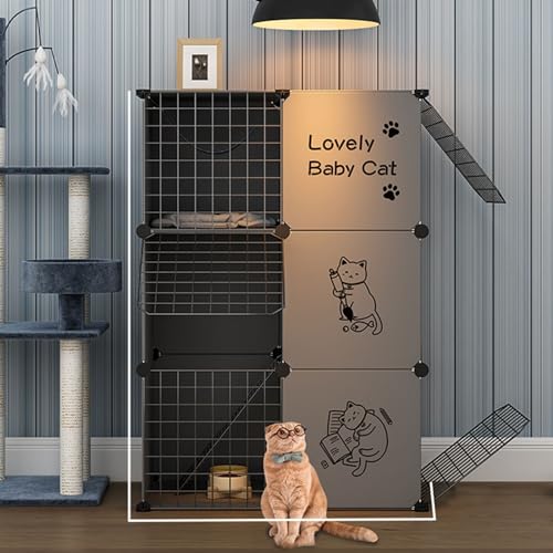 Katzenmöbel, Katzenschlafsessel, Große Katzengehege for drinnen und draußen, Abnehmbarer Laufstall mit 3 Türen, 3 Ebenen, Haustierheim for 1–2 Katzen(Grey) von ENSDIEPLS