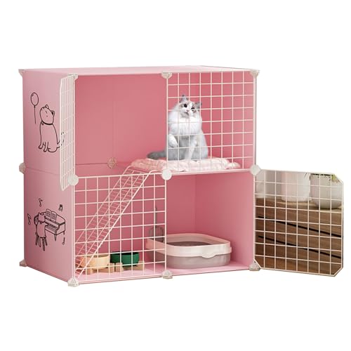 Katzenmöbel, Katzenschlafsessel, Großer Katzenlaufstall aus Metall for den Innenbereich mit 2 Etagen, halbgeschlossener Katzenzwinger, Jaula para Gatos for 1 Katze(Pink) von ENSDIEPLS