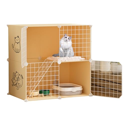 Katzenmöbel, Katzenschlafsessel, Großer Katzenlaufstall aus Metall for den Innenbereich mit 2 Etagen, halbgeschlossener Katzenzwinger, Jaula para Gatos for 1 Katze(Yellow) von ENSDIEPLS