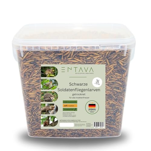 ENTAVA 3l Soldatenfliegenlarven getrocknet in Premium-Qualität, Vogelfutter, Koifutter, Igelfutter, Eichhörnchenfutter, ganzjähriges Futter für Wildvögel (3 Liter (500g)) von ENTAVA