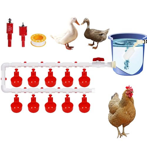 Automatisches Hühnertränkesystem, Komplettes PVC-Rohrset mit 10 Hühnertränkebechern und Schwimmerventil, vollständiges Set für Futterautomat Hühner (Eimer Nicht im Lieferumfang) von EOJDDPA